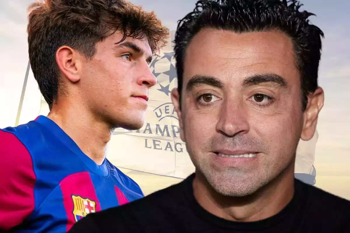 Marc Guiu mira de perfil a Xavi Hernández con el rostro pensativo sobre una bandera de la UEFA Champions League