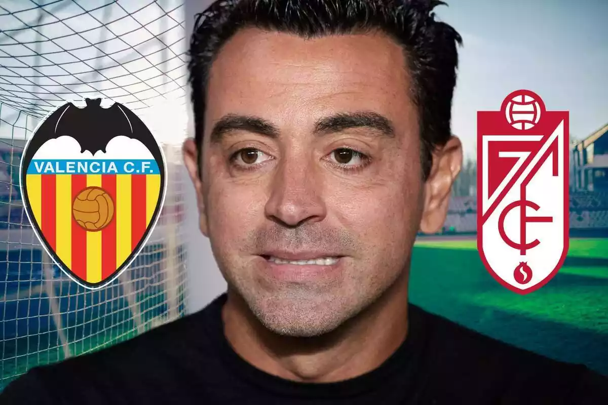 Montaje de Xavi Hernández con el escudo del Valencia CF y el Granada