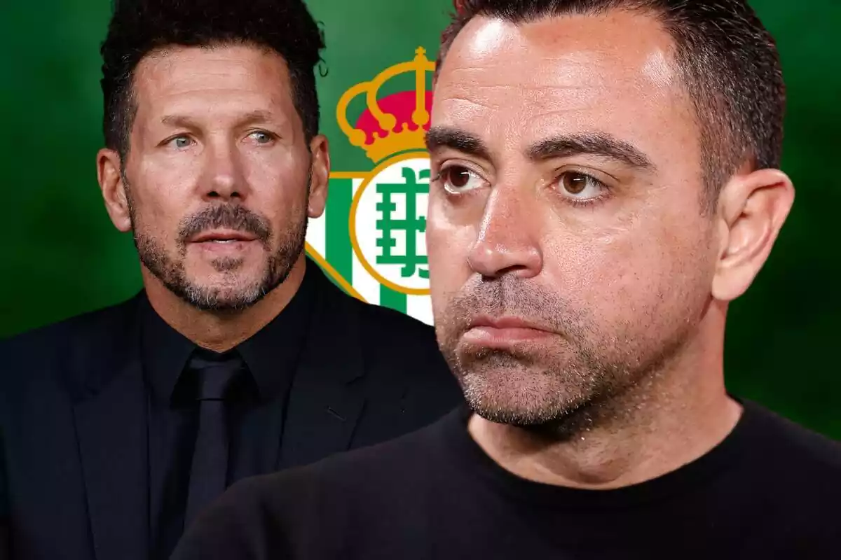 Xavi Hernández junto al Cholo Simeone sobre un fondo verde y el escudo del Betis