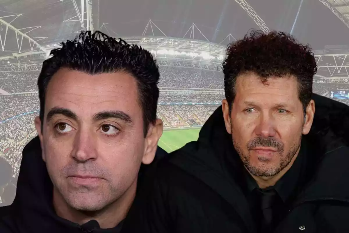 Xavi en primer plano junto a Simeone con un estadio de fondo