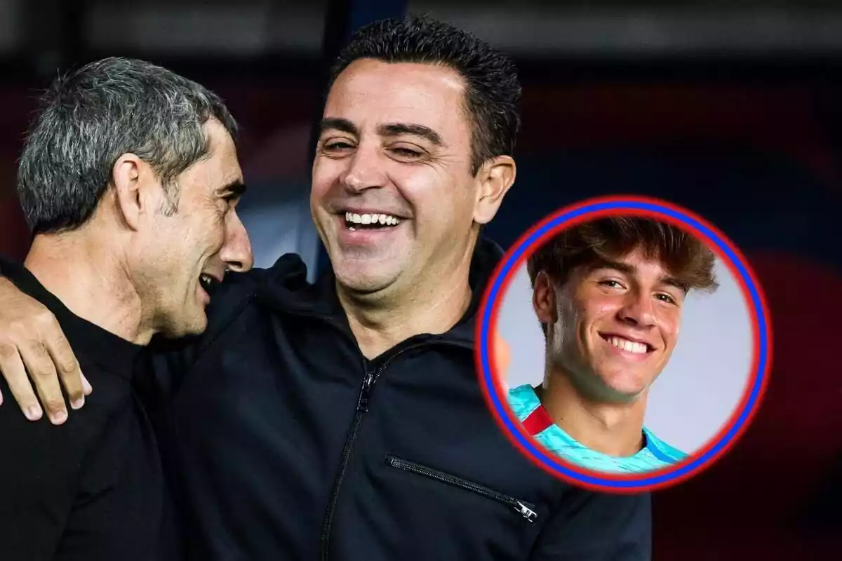 Xavi Hernández y Ernesto Valverde junto a Marc Guiu