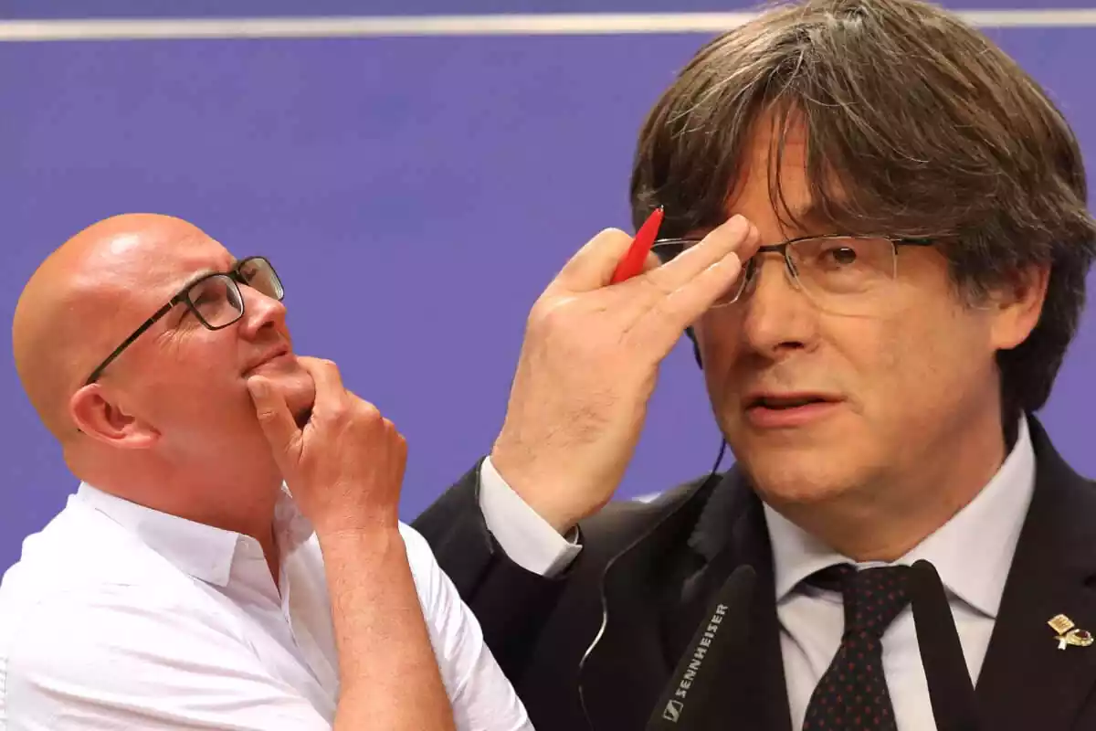 Plano medio de Xavier Rius mirando al cielo con cara pensativa y con la mano en la barbilla y un plano medio corto de Carles Puigdemont tocándose las gafas