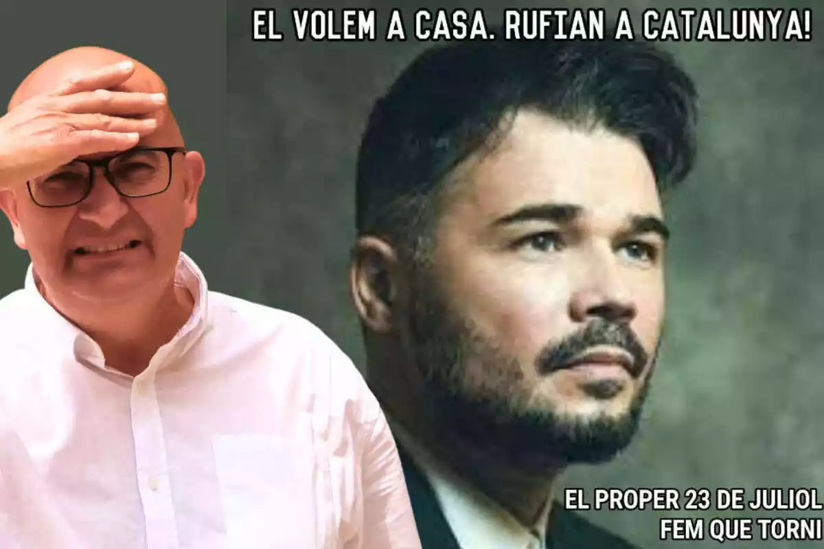 Montaje de Xavier Rius con la mano en la frente y un meme de Gabriel Rufián al fondo
