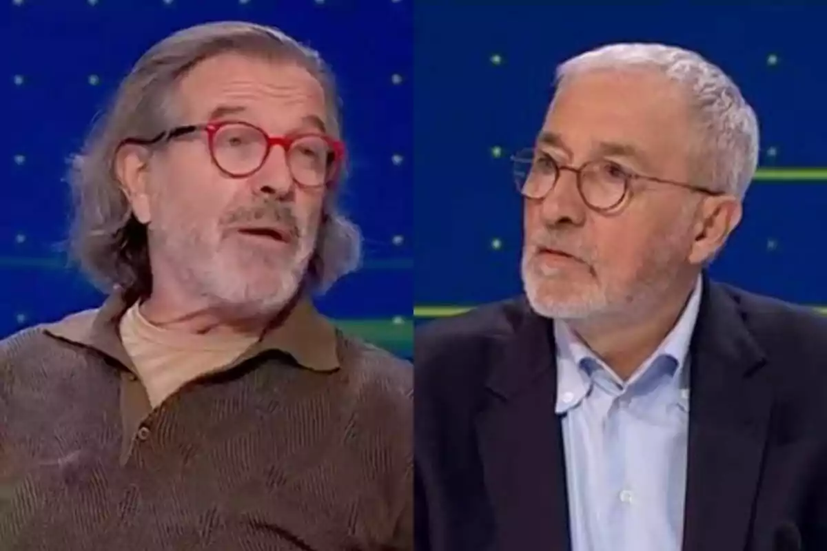 Pepe Navarro y Xavier Sardà, uno con gafas rojas y cabello largo, el otro con gafas negras y cabello corto, en un fondo azul con puntos amarillos de 59 segundos.