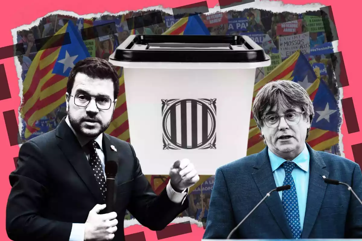 Montaje con Pere Aragonès y Carles Puigdemont con una urna del 1 de octubre y una manifestación independentista de fondo