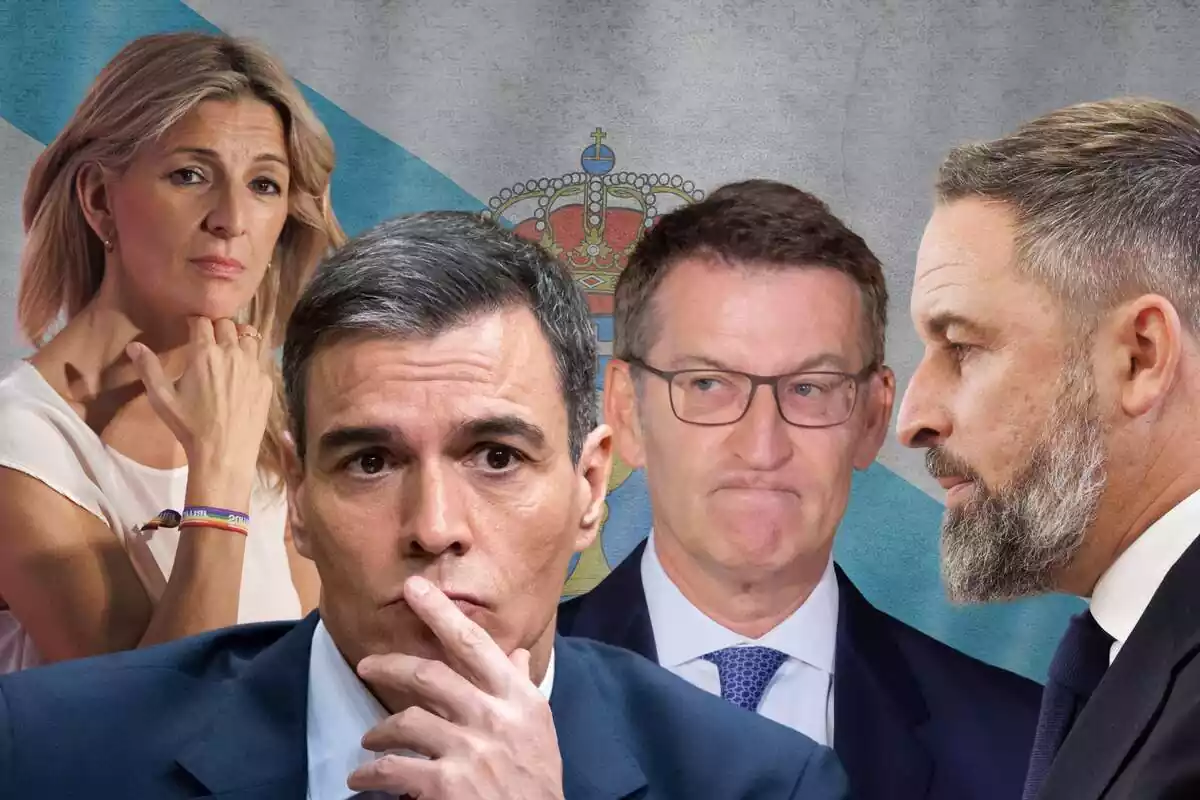 Montaje fotográfico con los políticos españoles Yolanda Díaz, Pedro Sánchez, Alberto Núnez-Feijoo y Santiago Abascal, con la bandera de Galicia de fondo