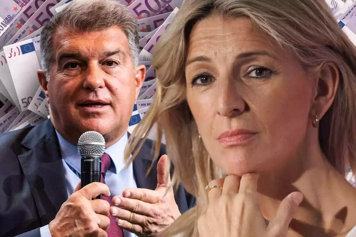 Yolanda Díaz en primer plano al lado de Joan Laporta con un micrófono en mano