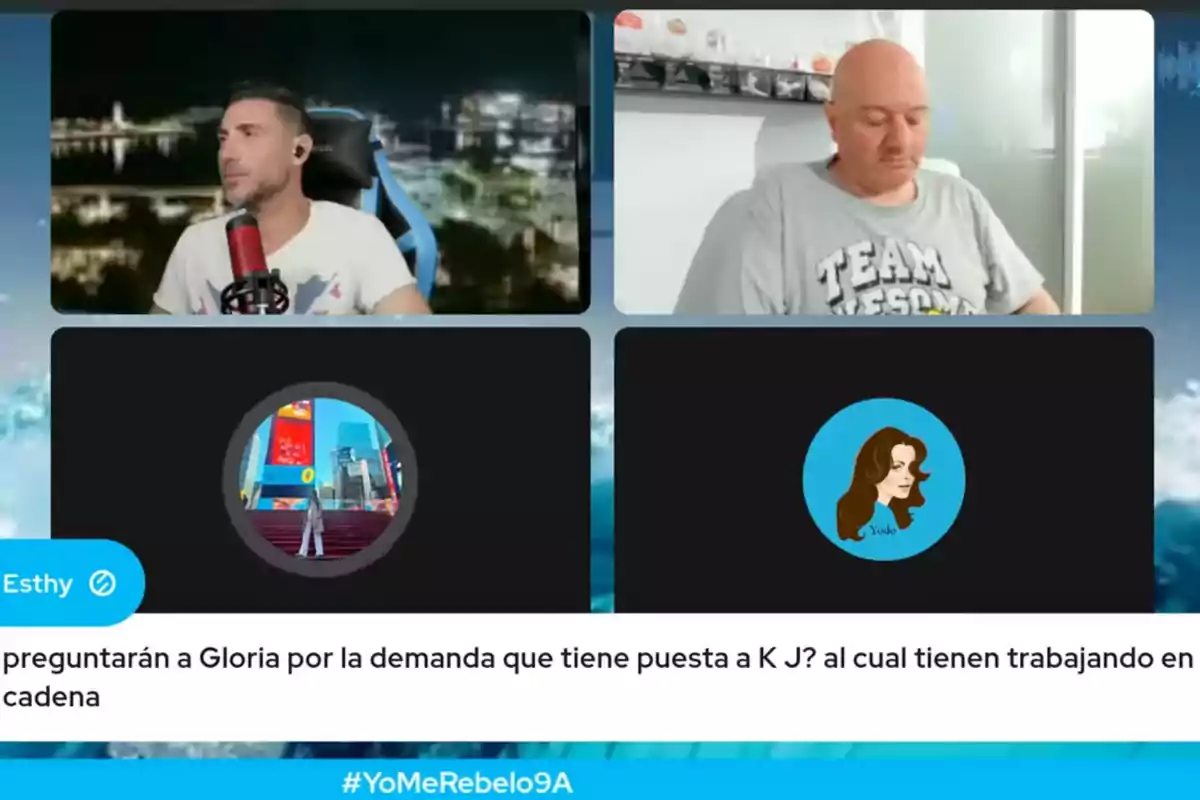 Una videollamada con cuatro participantes, dos de ellos visibles y dos con imágenes de perfil, acompañada de un mensaje en la parte inferior. Una videollamada con cuatro participantes, dos de ellos visibles y dos con imágenes de perfil, acompañada de un mensaje en la parte inferior.