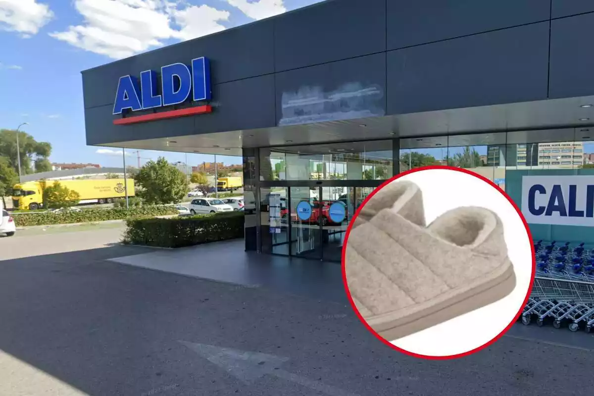 Fragmento zapatillas Aldi en círculo sobre fondo parking de Aldi