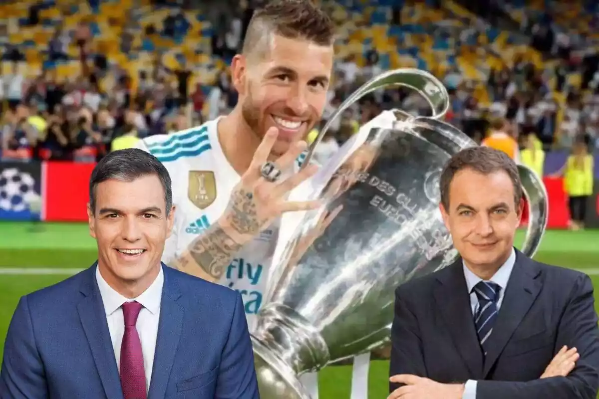 Montaje con Pedro Sánchez, Sergio Ramos cuando jugaba en el Real Madrid y José Luis Rodríguez Zapatero