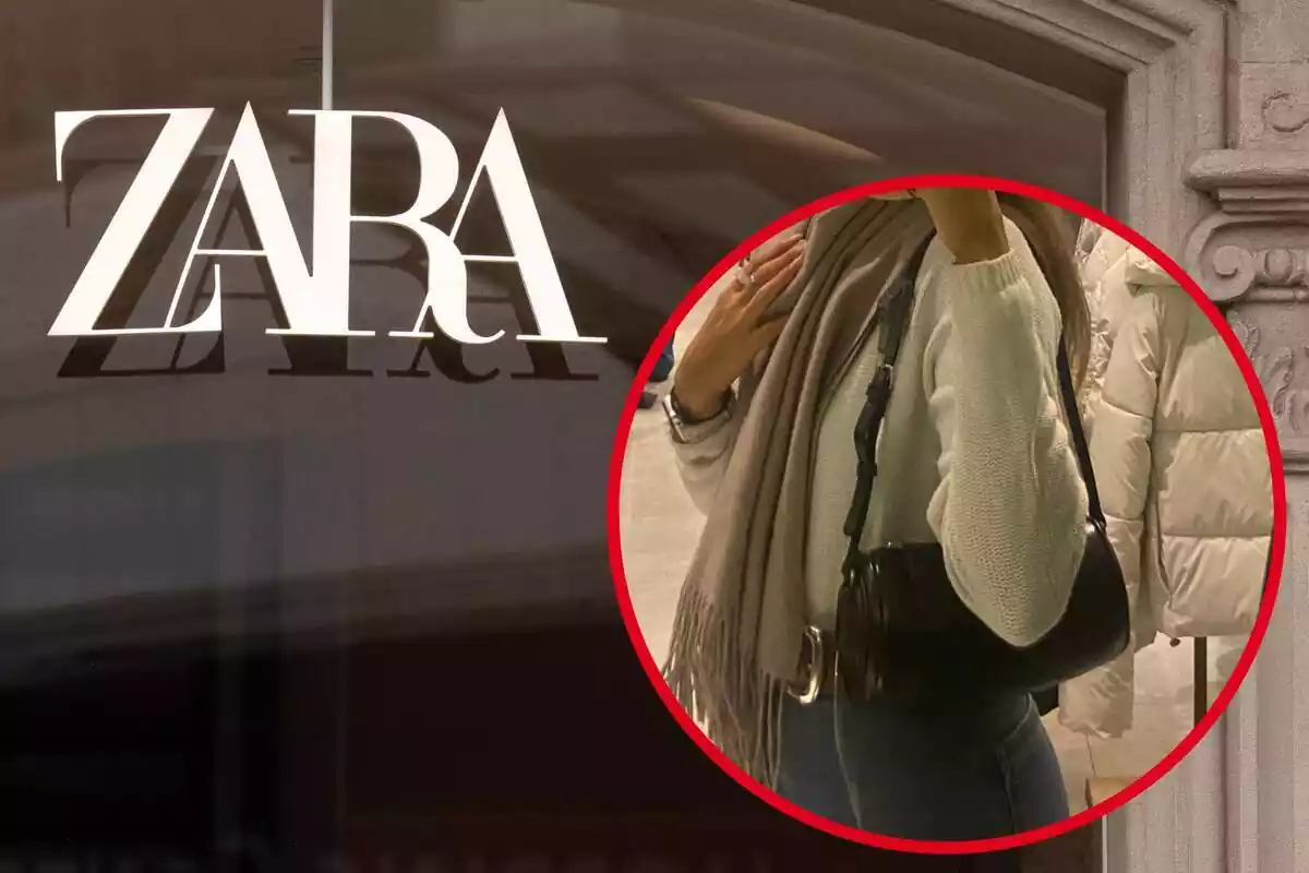 Imagen de fondo de un logo de Zara en una de sus tiendas y otra de una persona posando con un bolso negreo formato mini