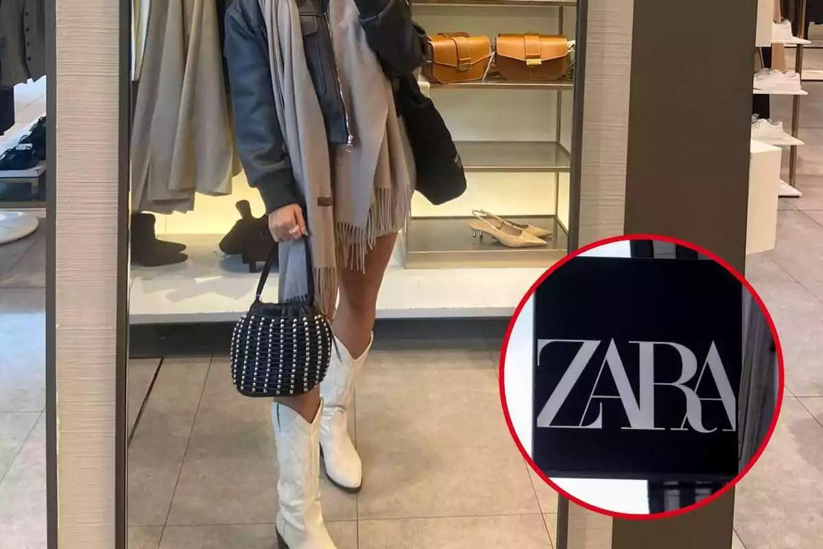 Imagen de fondo de una persona con un bolso de tachas de Zara negro y un logo de una tienda Zara