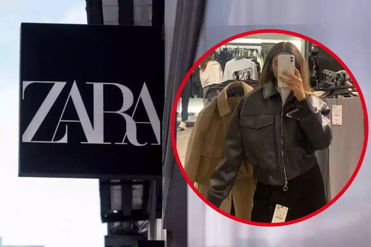 Montaje con un logo de Zara de fondo y una imagen de una persona posando con una chaqueta de Zara