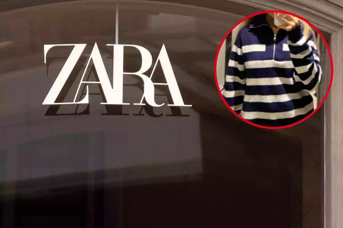 Tienda Zara y primer plano del jersey de rayas cremallera