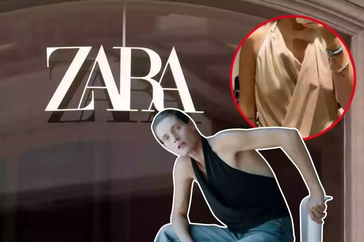 Imagen de fondo de una tienda Zara con su logo y otras dos imágenes de dos personas posando con un top halter en dos colores distintos, negro y marrón