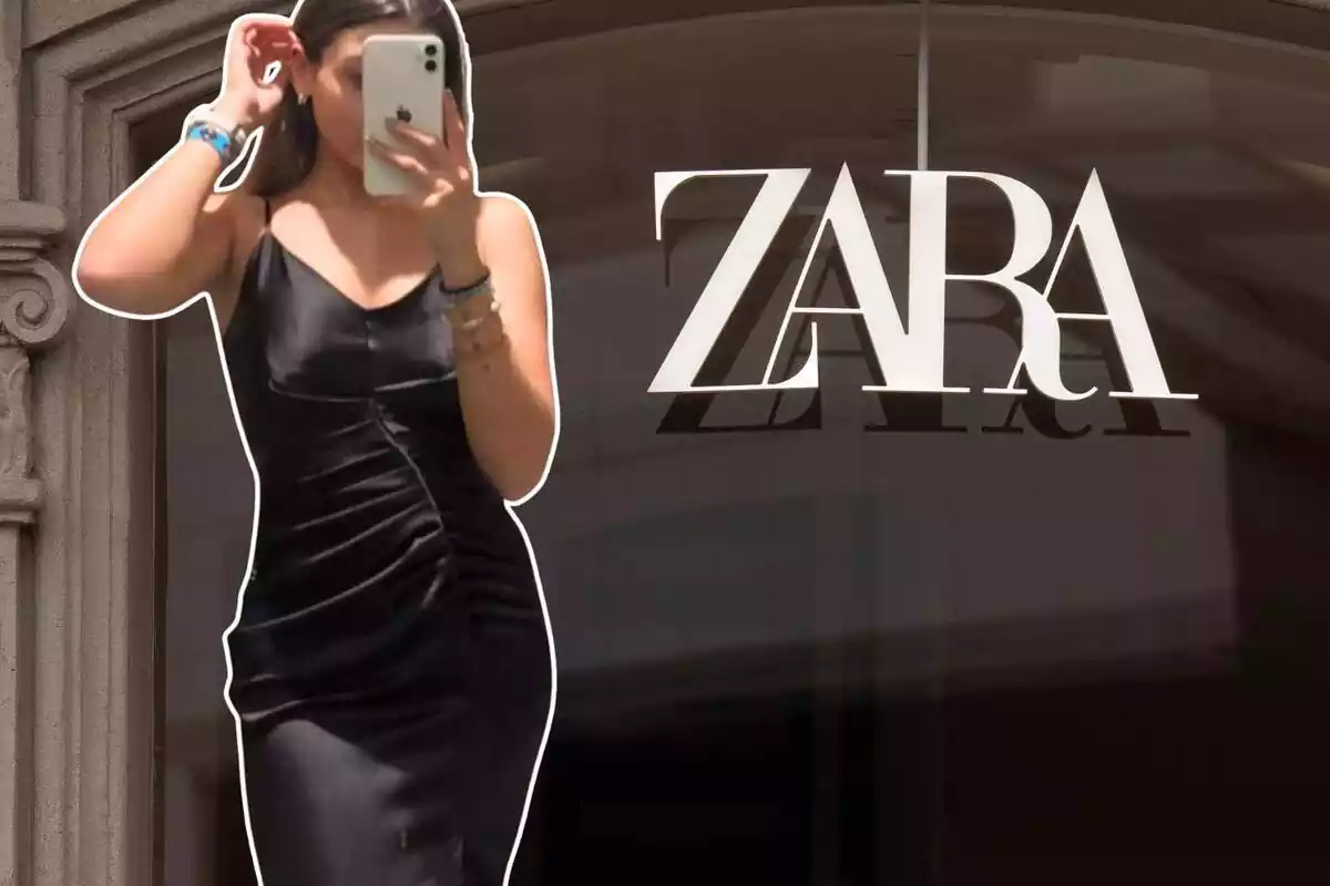 Imagen de fondo de un logo en una tienda Zara y otra imagen de una persona en primer plano posando con un vestido negro lencero de la marca