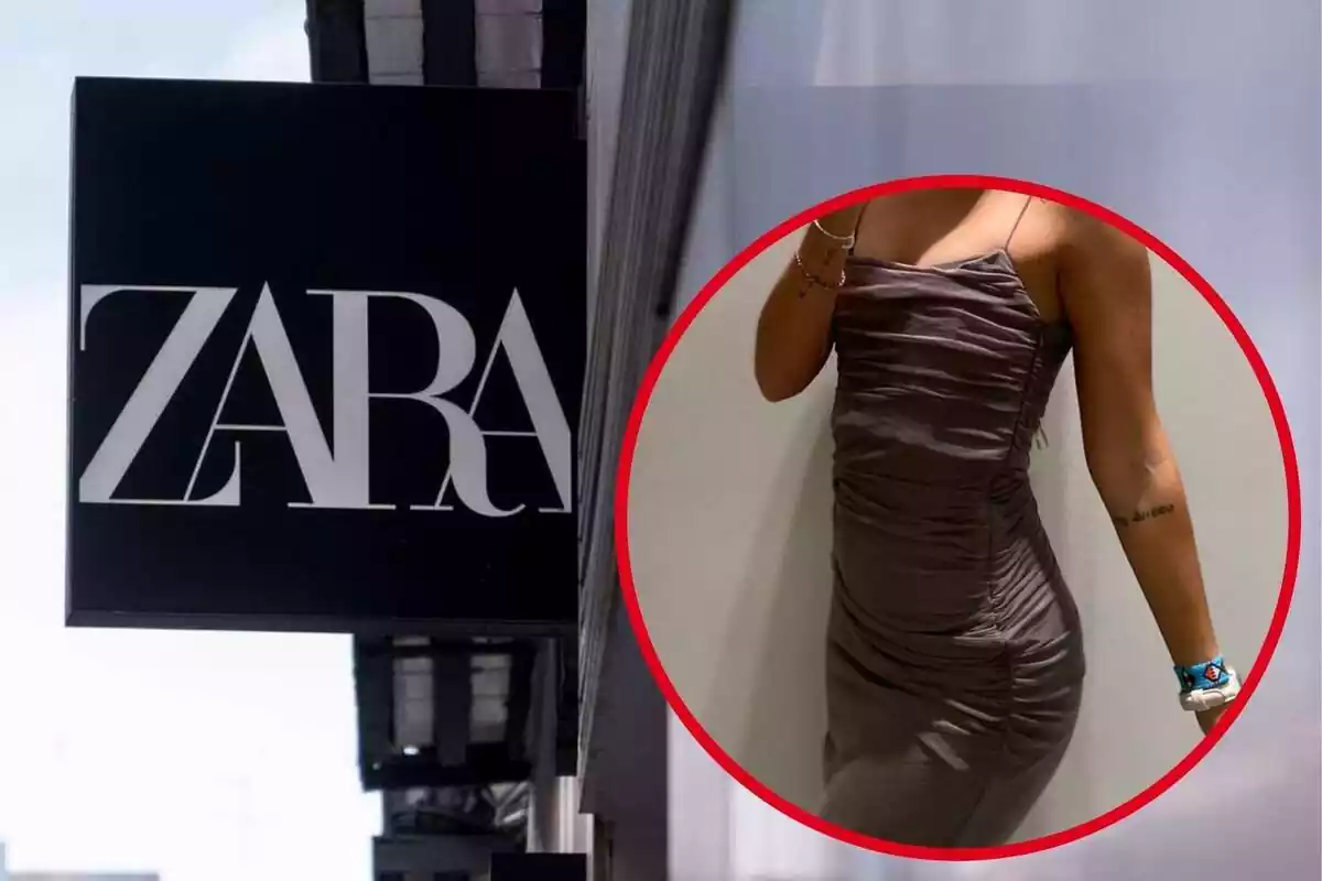 Imagen de fondo de una tienda Zara y otra imagen de una personas posando con un vestido de tul drapeado de Zara