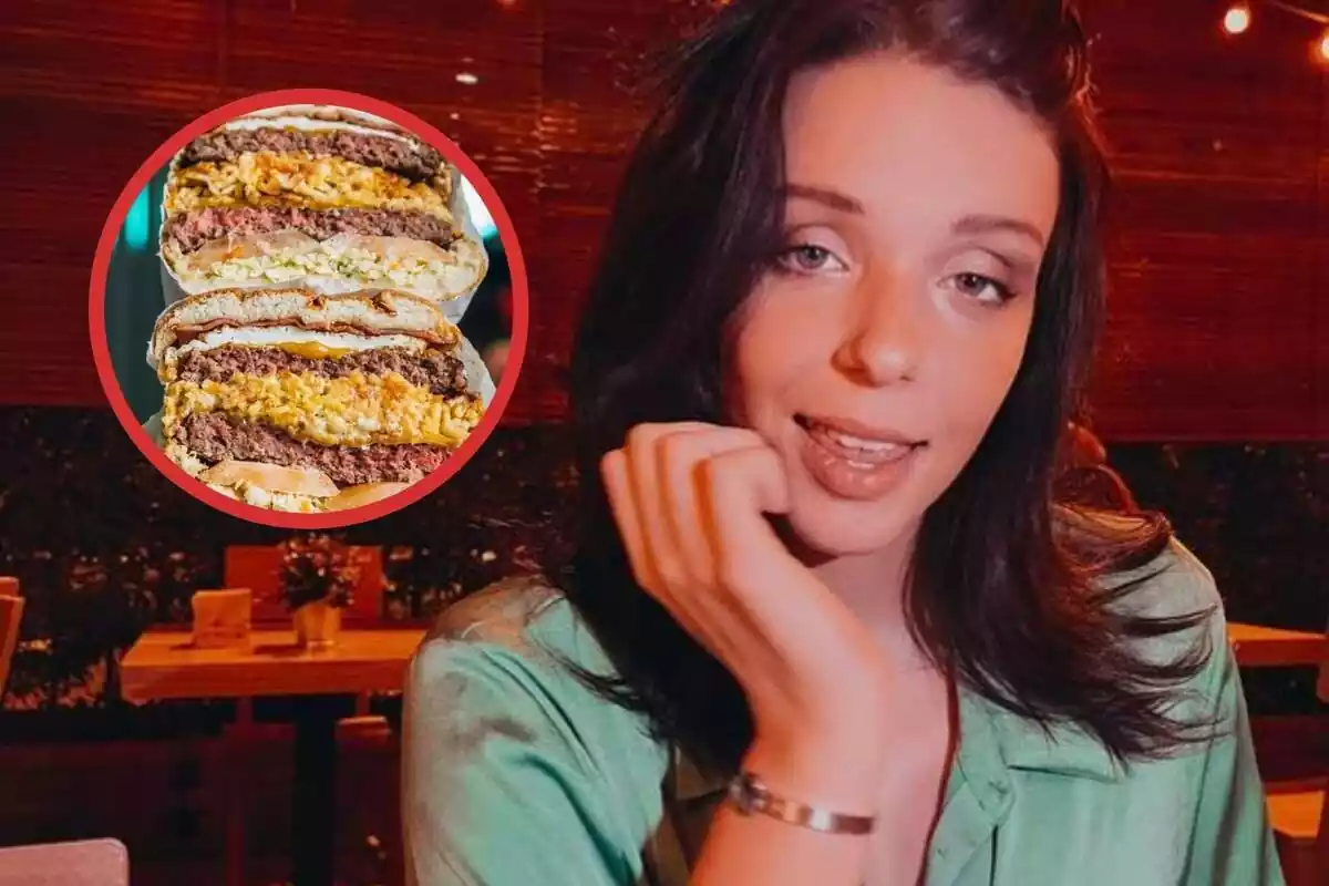 Zaira Gutierrez y a su izquierda un círculo con dos hamburguesas