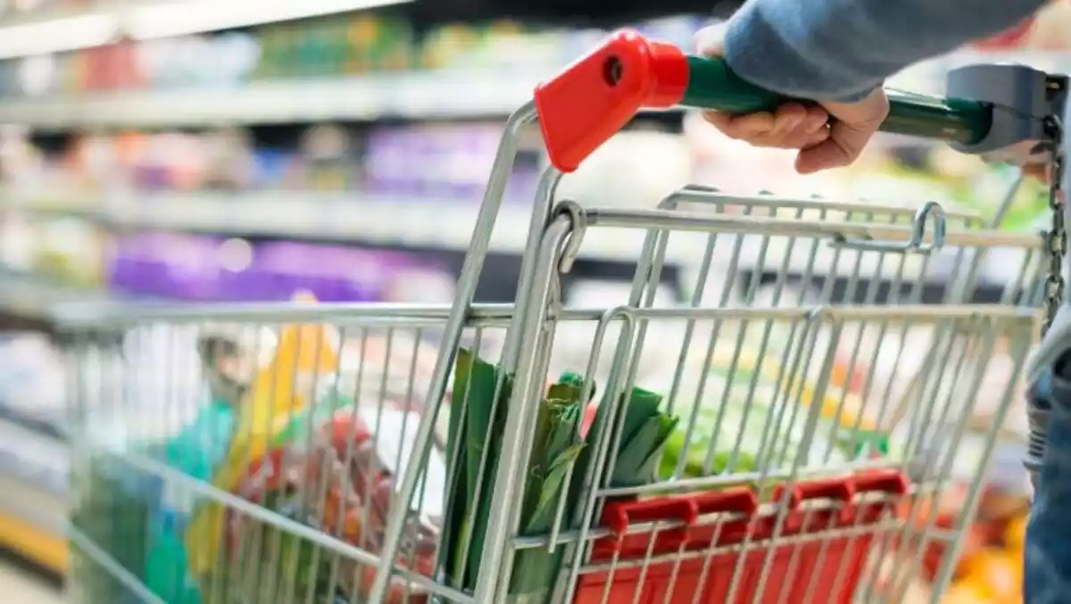 Una persona llevando un carrito de la compra con varios productos dentro en un supermercado
